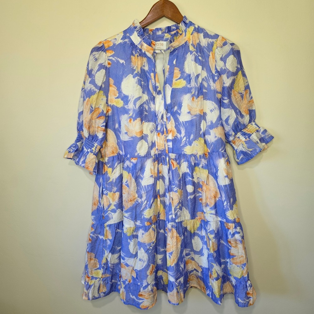 Fate Floral Mini Dress Women Small Blue Tiered Babydoll Ruffle Boho Painterly